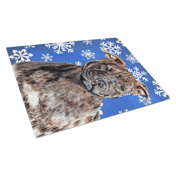 Caroline's Treasures Staffordshire Bull Terrier Staffie Winter Snowflakes Glass Cutting Board Large Size