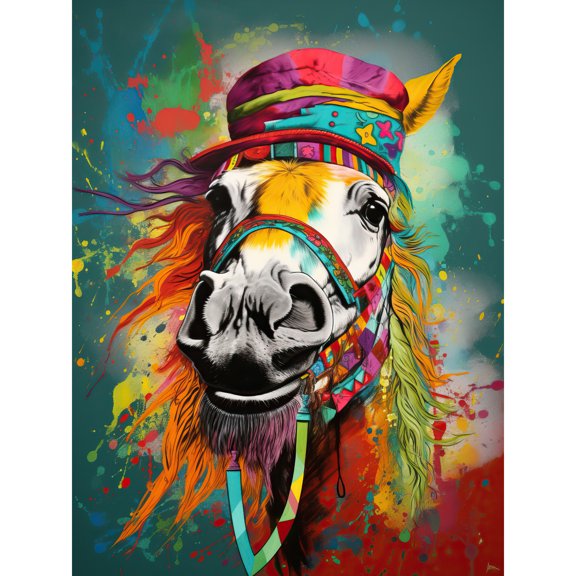 Hippie Horse with Multicoloured Hat and Bridles Large Wall Art Poster Print Thick Paper 18X24 Inch