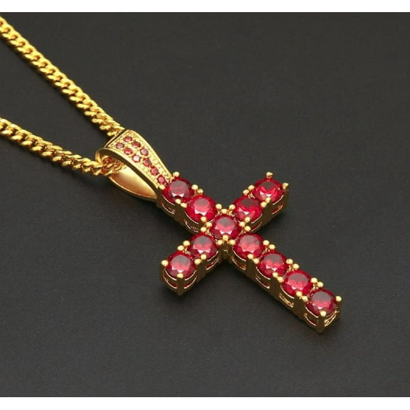 14k Yellow Gold Plated 2Ct Round Cut Red Ruby Lab-Created Cross Pendant
