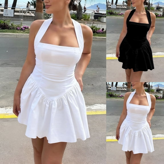 FRSASU Women's Halter Mini Corset Dress Open Back Sleeveless A Line Flowy Summer Golf Dresses White