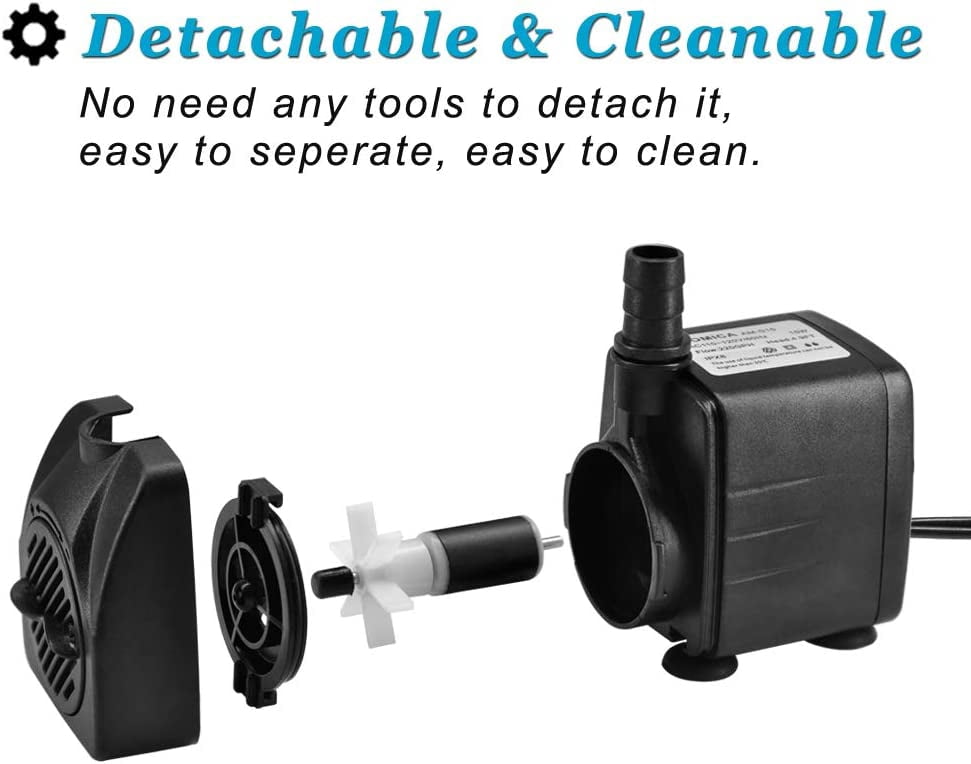 220GPH Ultra Quiet Fountain Pump (15W 800L/H), Small Submersible Pump for Pond, Water Feature, Aquariums, Hydroponics, Indoor or Outdoor Fountain