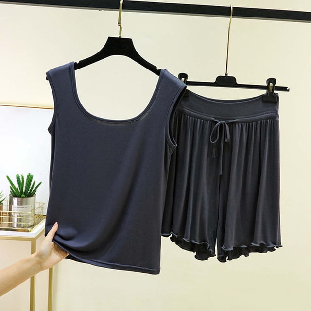 RKSTN Pyjama pour Femmes Ensemble Coton à Volants Grande Taille Col Ras du Cou Sans Manches Camisole de Pyjama avec Shorts 2 Pcs Pyjama Léger pour Femmes