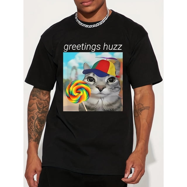 Men'S Casual Crew Neck T-Shirt with Greetings Huzz Print, Cotton Knit Fabric with Slight Stretch, Summer Short Sleeve Tee, Regular Fit, Unisex Streetwear Top with Applique Detail