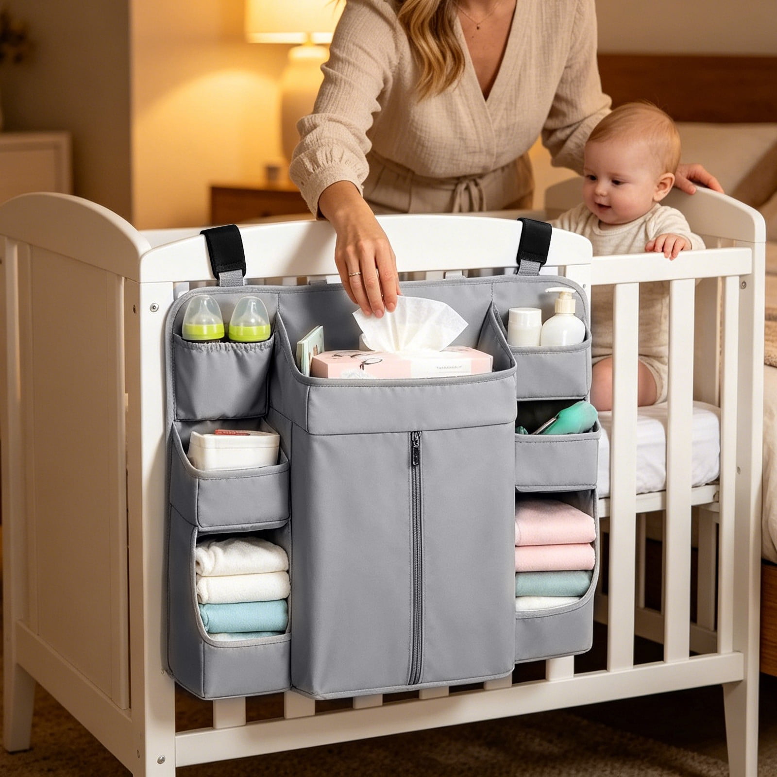Snmubt Dark Gray Nursery Storage Rack, Hanging Diaper Organizer Bag for Crib, Waterproof Oxford Multi-Pocket for Portable Changing Table