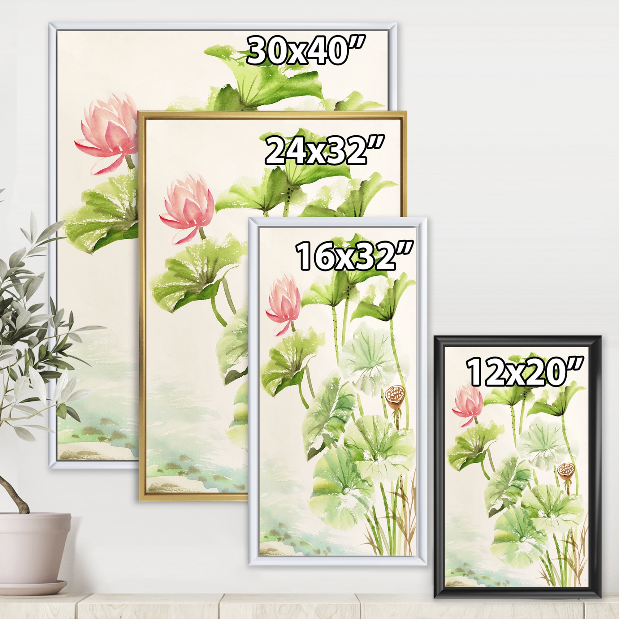 Designart 'Ancient Pink Lotuses In The Pond IV' Traditional Framed Canvas Wall Art Print