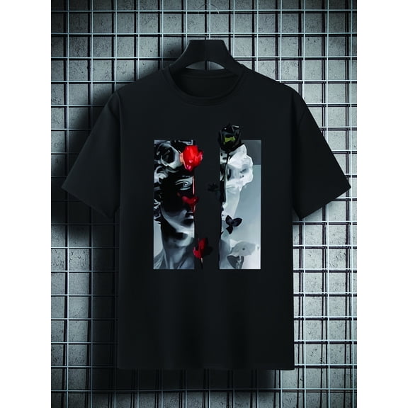 Men's Plus Size Broken Poster Pattern Plain Color Short Sleeve Crew Neck T-shirt, Oversized Casual Clothing For Big And Tall Guys, Best Sellers Gifts