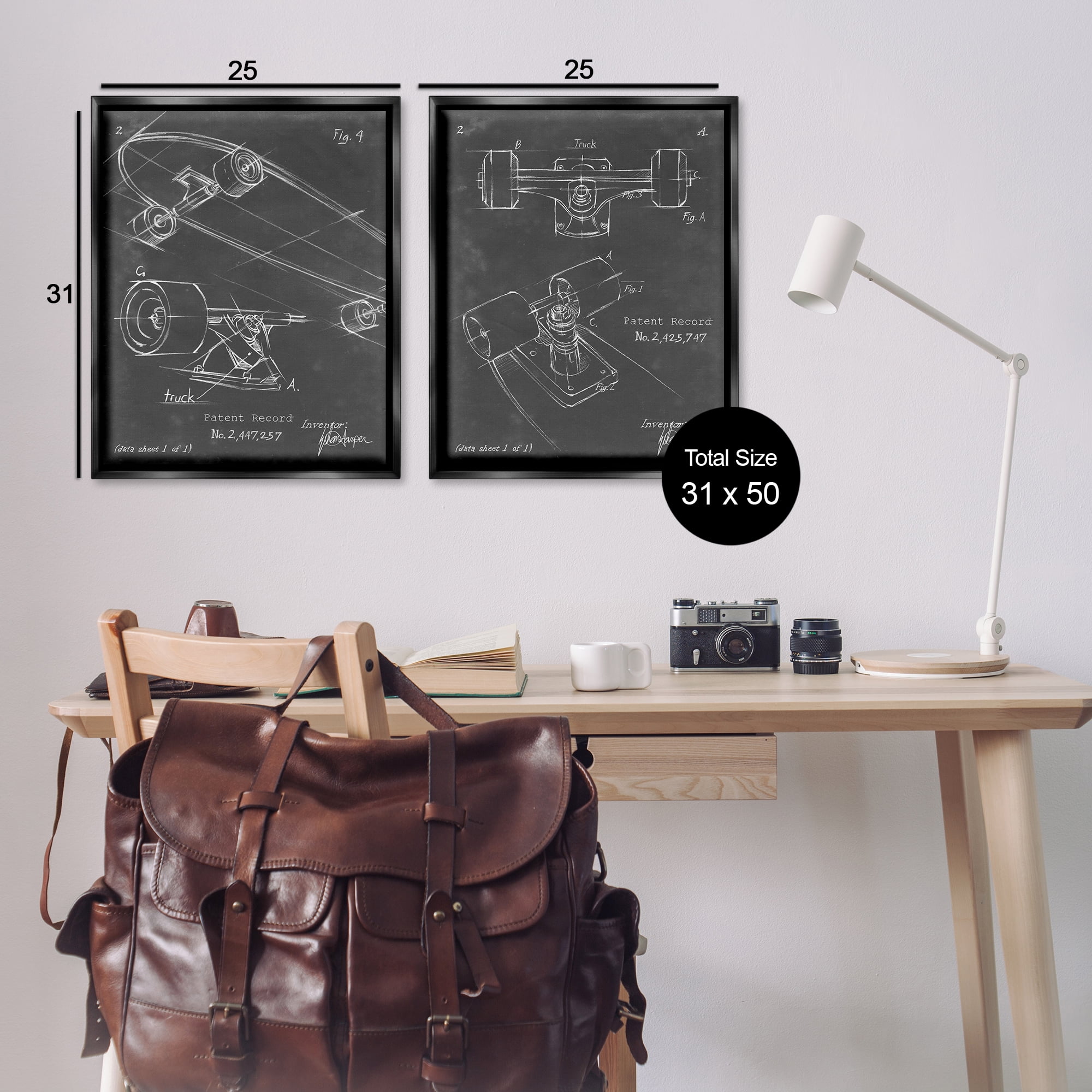 Stupell Industries Patent Diagram of Skateboard Sports Painting Black Floater Framed Canvas Art Print Wall Art, 31 x 25, Set of 2