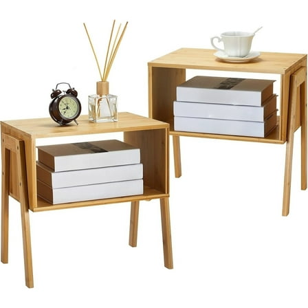 Bamboo Stackable Side Table, Wooden Living Room Nightstand, Bedroom Storage Nightstand, Set of 2