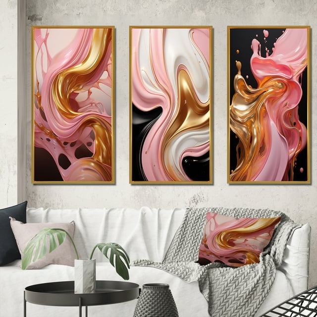 Designart "Whimsical Liquid Pink and Gold Art Glamorous Charm III" Abstract Shapes Framed Wall Art Set Of 3 - Gold Transitional Frame Gallery Wall Set For Home Decor