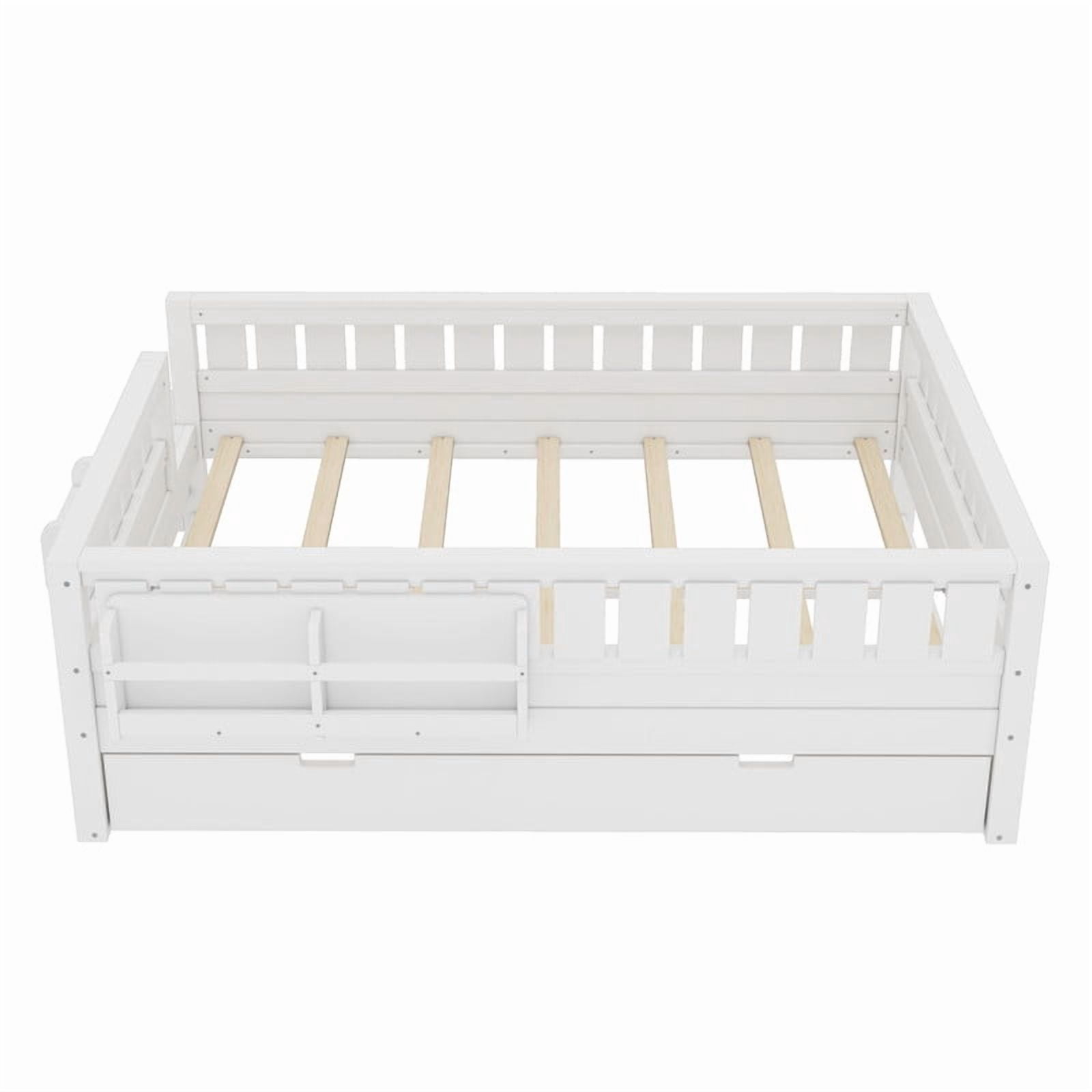 Full Size Low-Profile Kid's Platform Bed with Built-in Bookshelves & Small Staircase, Wooden Bed Frame with Safety Rails & Trundle