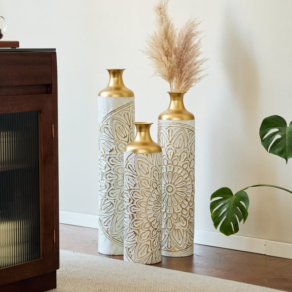 Noble House 3-Piece Modern Metal Floor Vase Set, Textured Decorative Vases, Gold and White