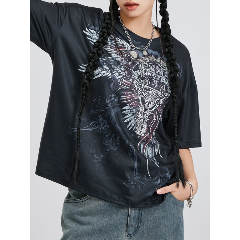 Elippeo Women Y2K Aesthetic Graphic Print O Neck Long Sleeve