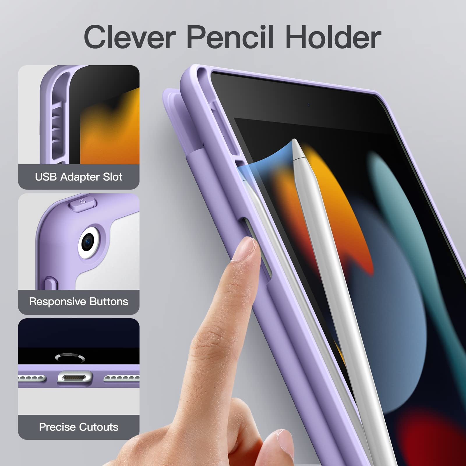 JETech Matte Case for iPad 9/8/7 (10.2-Inch, 2021/2020/2019 Model, 9th/8th/7th Generation) with Pencil Holder, Frosted Translucent Back Slim Stand Protective Tablet Cover (Light Purple)