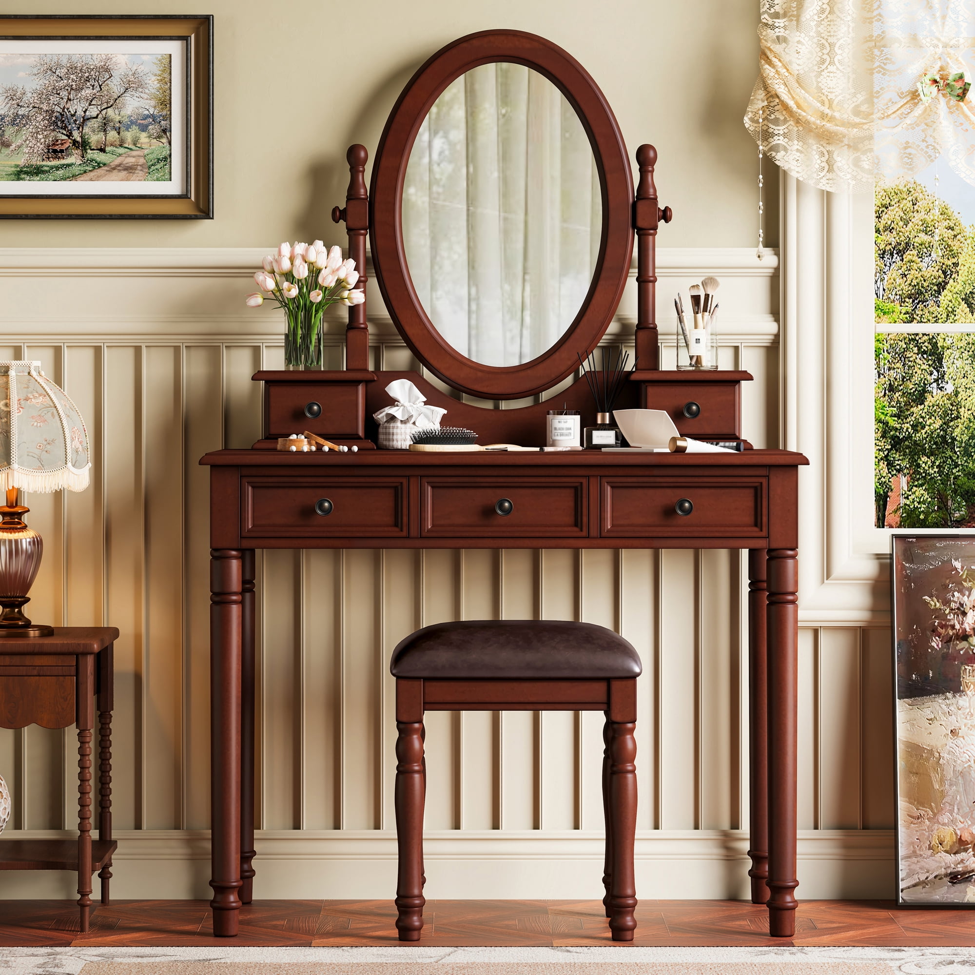 Euroco Vintage Wooden Vanity Desk Set with Adjustable Mirror, Cushioned Stool & 5 Velvet-Lined Drawers, Solid Wood Makeup Table with Oval Mirror and Carved Details