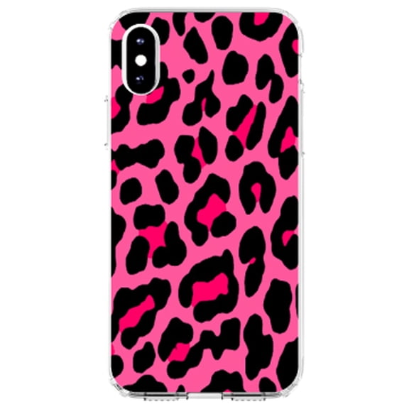 DistinctInk Clear Shockproof Hybrid Case for iPhone X / XS (5.8" Screen) - TPU Bumper, Acrylic Back, Tempered Glass Screen Protector - Hot Pink Black Leopard Skin Spots