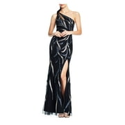 AIDAN MATTOX Womens Black Stretch Beaded Zippered Side Slit Sleeveless Asymmetrical Neckline Full-Length Evening Sheath Dress 16