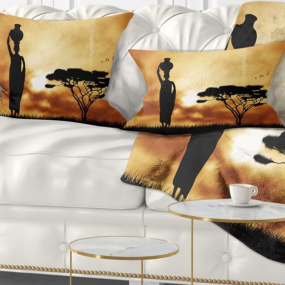 Designart African Woman and Lonely Tree - African Landscape Printed Throw Pillow - 12x20