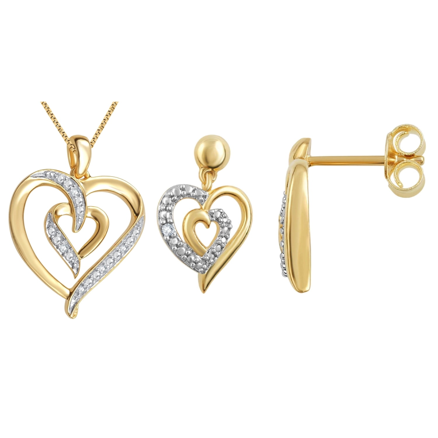 Genuine 0.03 Ctw Natural Diamond Accent Heart Shaped Necklace and Earrings Set In 14K Yellow Gold Plated