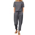 thumbnail image 2 of yardsong Womens Summer 2 Piece Outfits 2024 Crewneck Short Sleeve Tapered Capri Pants Belted Casual Solid Color Linen Lounge Sets with Pockets Gray,S, 2 of 4