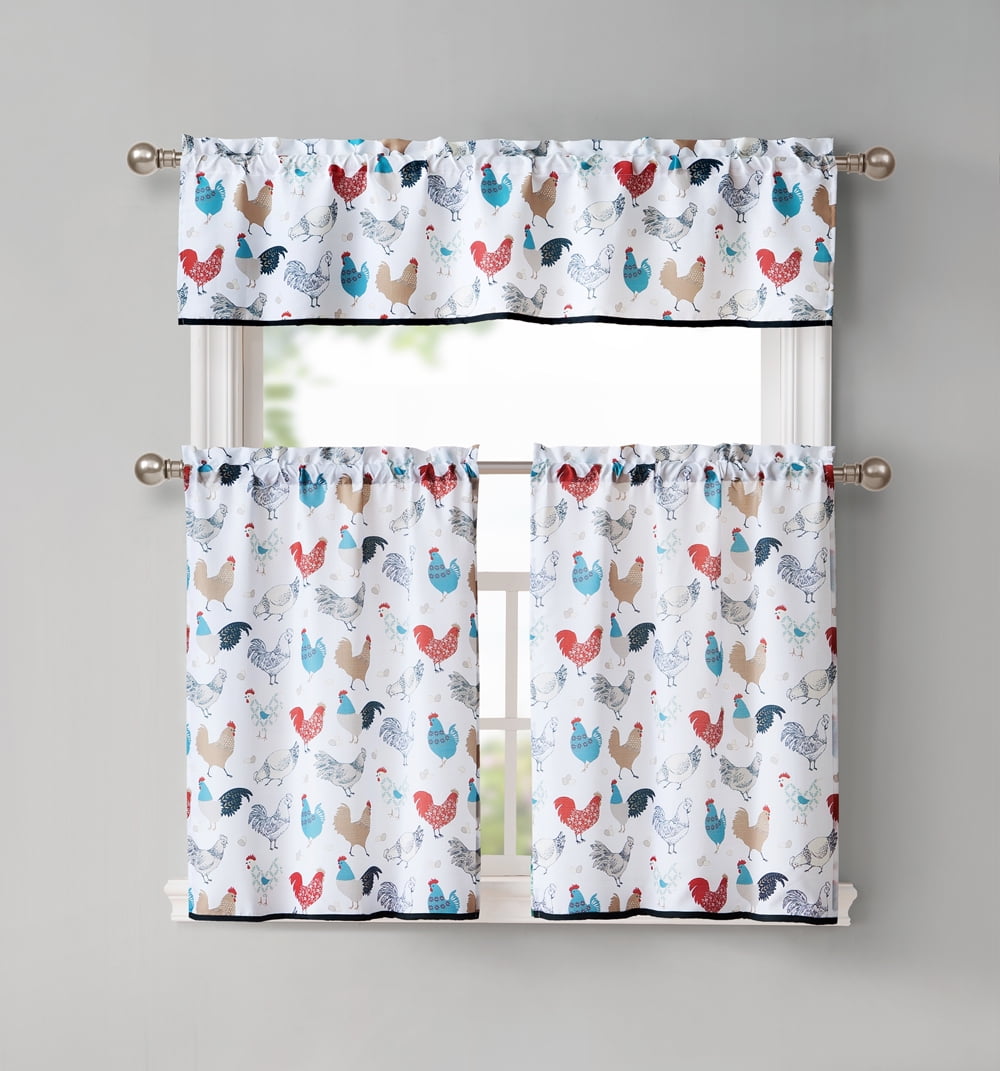 Rooster Kitchen Curtain with Swag and Tier Set 36 in with Checkers Design 