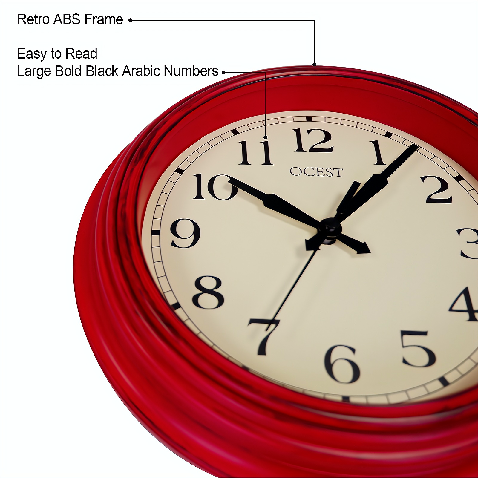 OCEST 9-Inch Retro Red Wall Clock photo 5