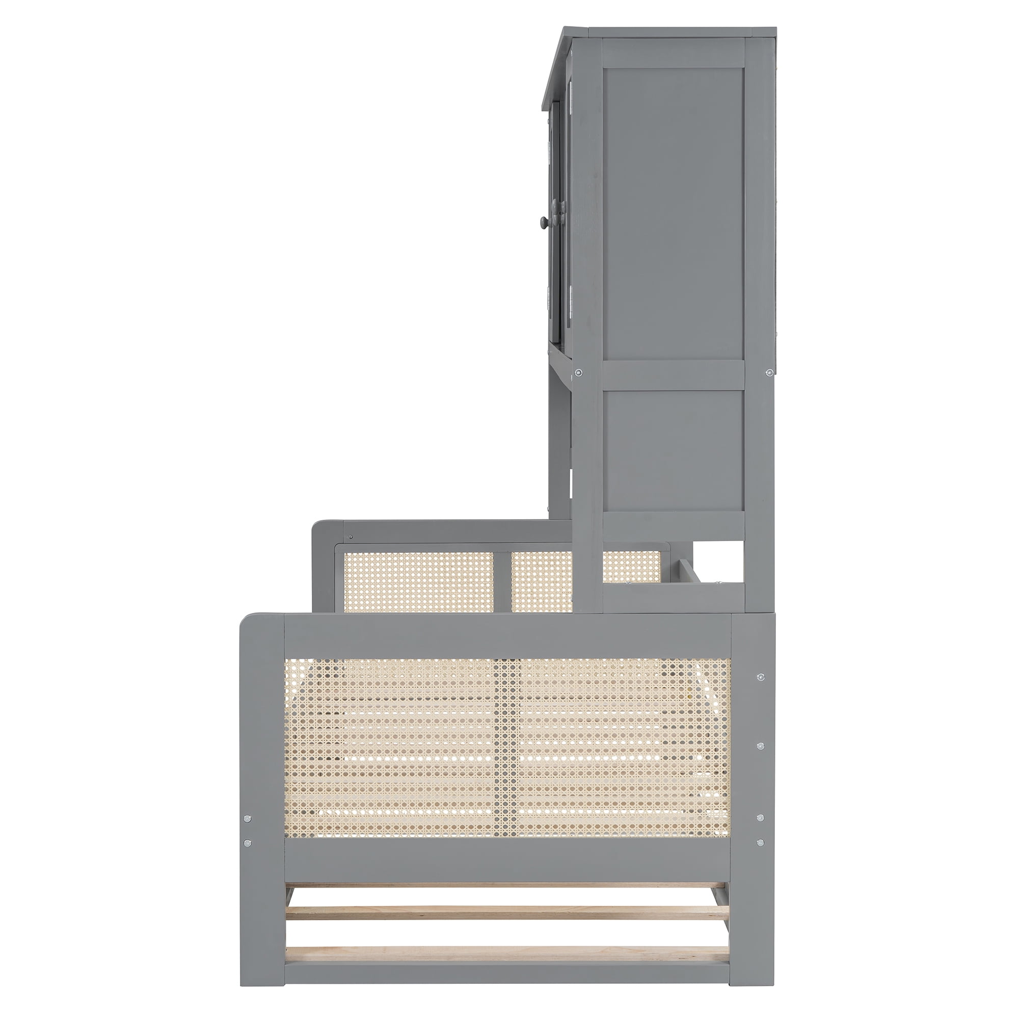 Euroco Wood Twin Size Platform Bed with Trundle, Captain Bed with Cabinets and Shelves, Gray