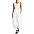 thumbnail image 2 of BRGZLK Women Sleeveless Jumpsuits Casual Dressy Button Crewneck Solid Color Lightweight Comfy Wide Leg Pants Rompers with Pockets Loose Breathable Vacation Outfits White L, 2 of 6