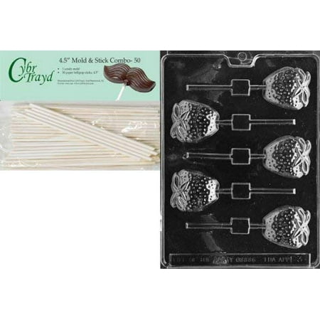Strawberry Mold - Cybrtrayd Strawberry Lolly Fruits and Vegetables Chocolate Candy Mold with 50 4.5-Inch Lollipop Sticks