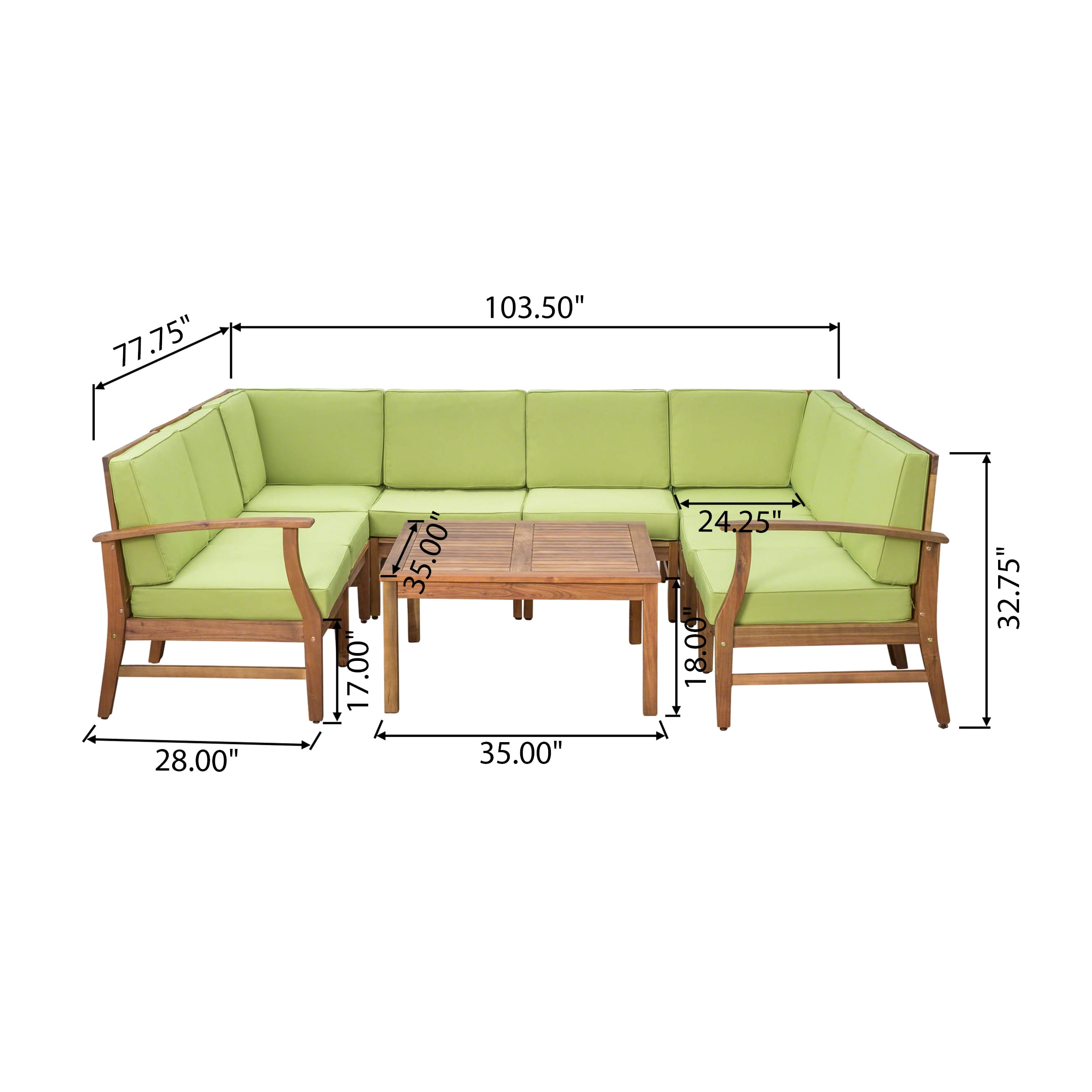 Bodhi Outdoor 8 Seater Acacia Wood Sectional Sofa and Table Set with Cushions, Teak, Green