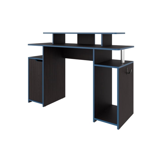 FM FURNITURE Lol Minimalist Gaming Desk with Elevated Monitor Shelf Blue Accents