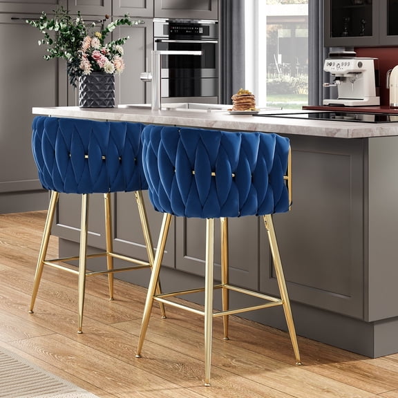 Farini Upholstered Counter Height Bar Stools Set of 2, Mid-Century Barstools with Metal Frame for Kitchen Island or Living Room, Blue