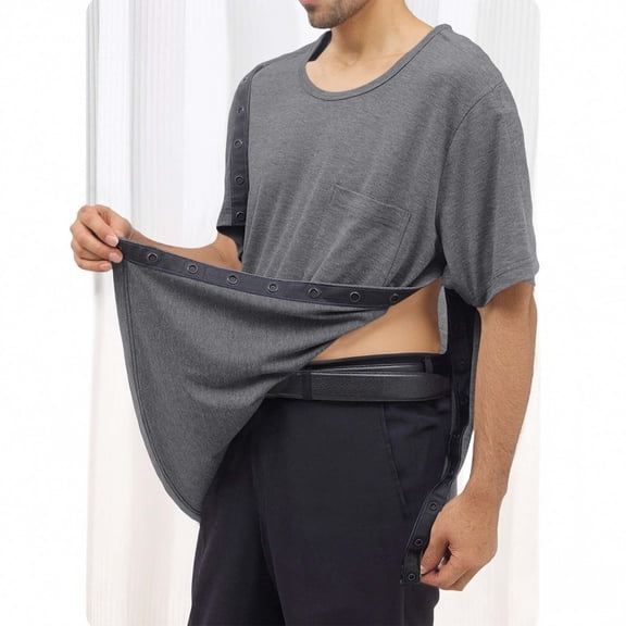 Mens Post-Surgery T Shirts with Pocket Short Sleeve Crewneck Tees Tops Casual Solid Color Open Side Button Breathable Basic Tshirts Shirt