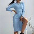 thumbnail image 2 of Vestido de manga larga de color sólido con abertura delgada y cuello redondo informal a la moda para mujer Pompotops hdfakjf768, 2 of 9