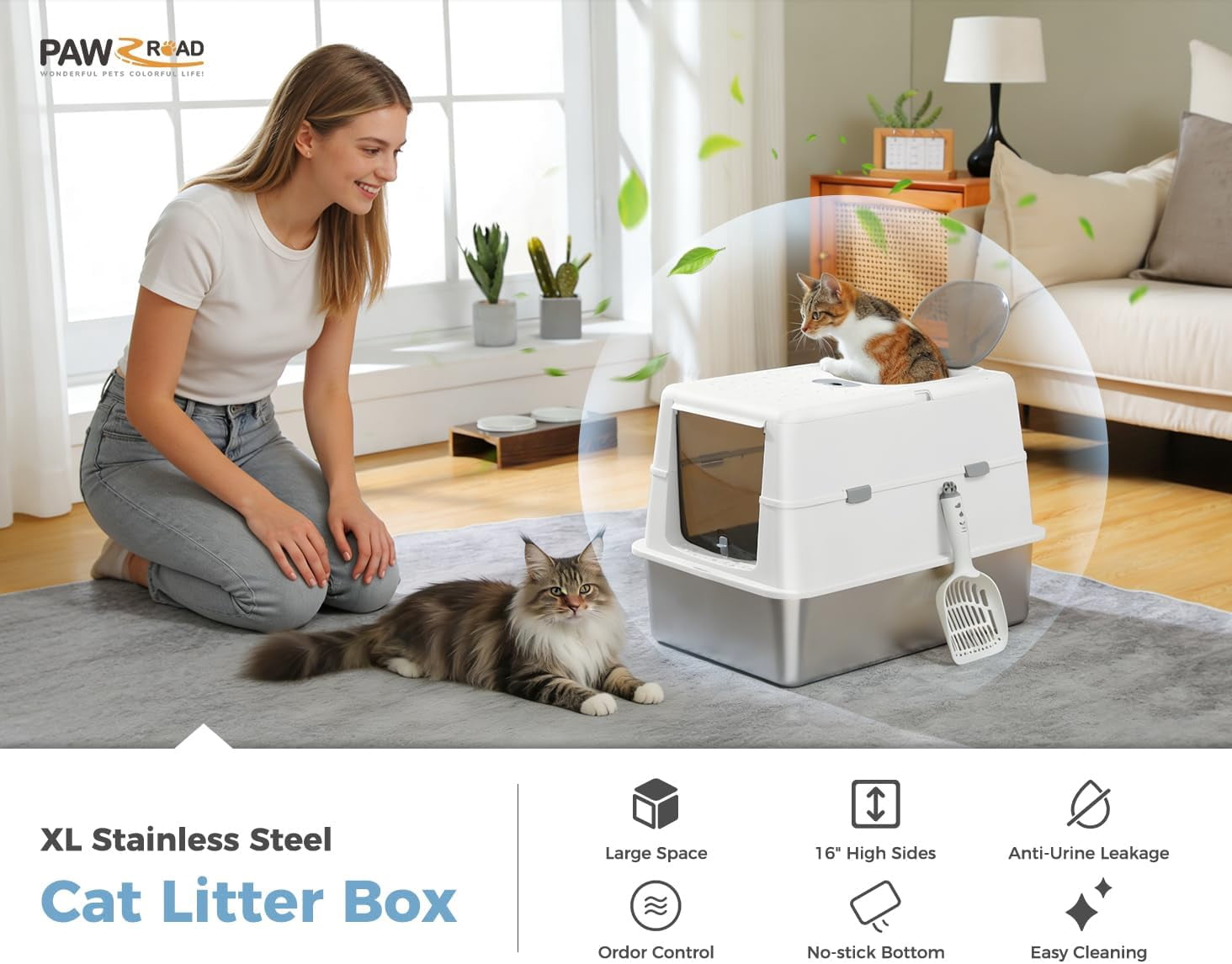 Miemie Stainless Steel Cat Litter Box, XL Extra Large Enclosed Litter Box with Non-Sticky Metal Pan, 16" High Sides& Anti-Leakage with Scoop, Front & Top Dual Entry for Big Cats, White