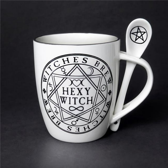 Alchemy Gothic ALMUG15 5.31 in. Hexy Witch Mug Spoon Set, White & Black - 13 oz
