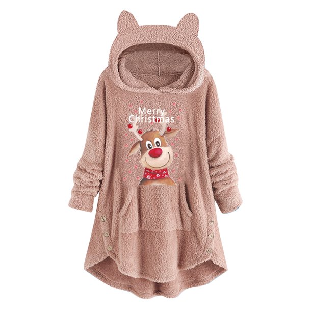 Top de abrigo de felpa con capucha y manga larga con botones de felpa y orejas de gato con estampado informal para mujer Pompotops gfhjh24405
