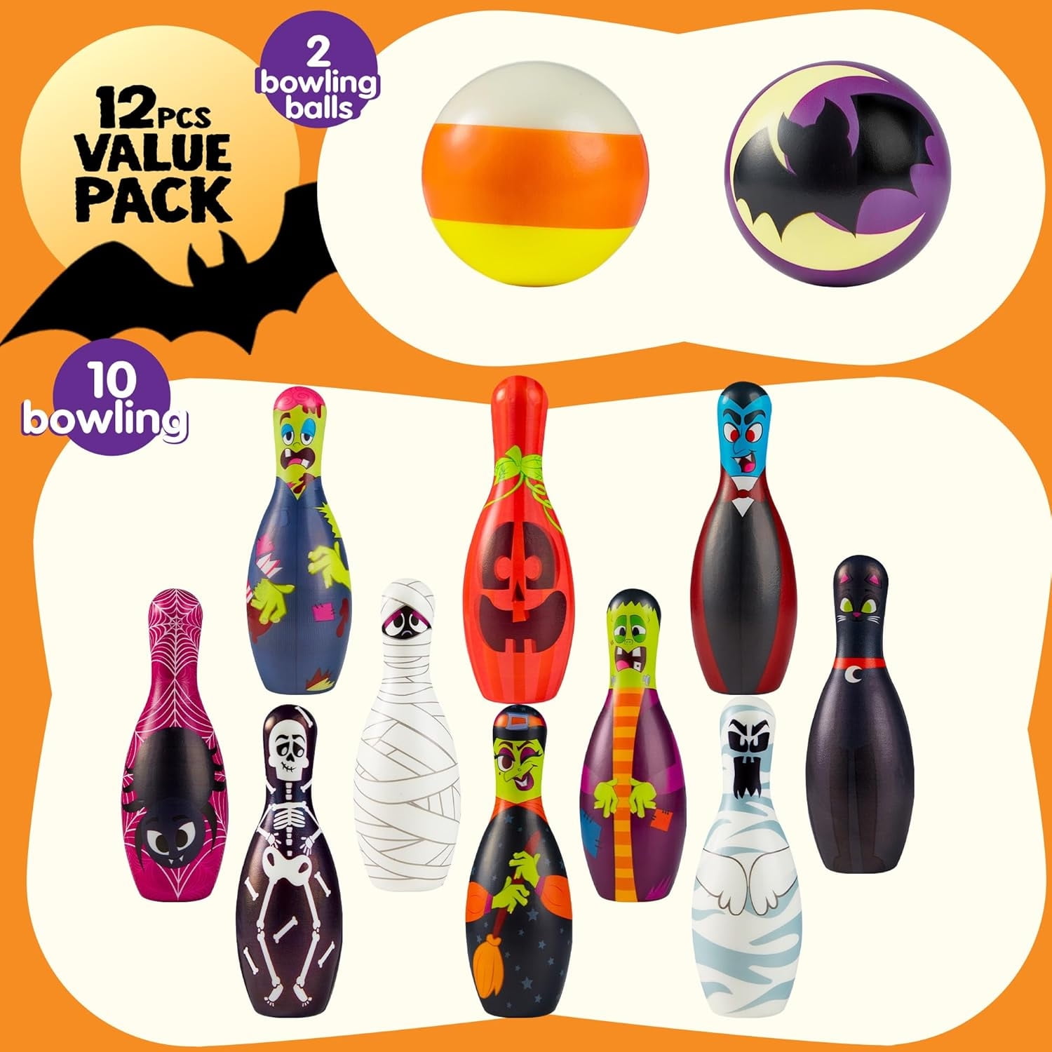 Joyfy Halloween Foam Bowling Set for Kids Toys Party Supplies, Get-Together Party, Game Day Events, Indoor Outdoor Party, Birthday Parties