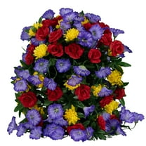 Sympathy Silks Artificial Flowers Outside Weighted Trailing Red Roses Purple Morning Glories and Yellow Mums Pot