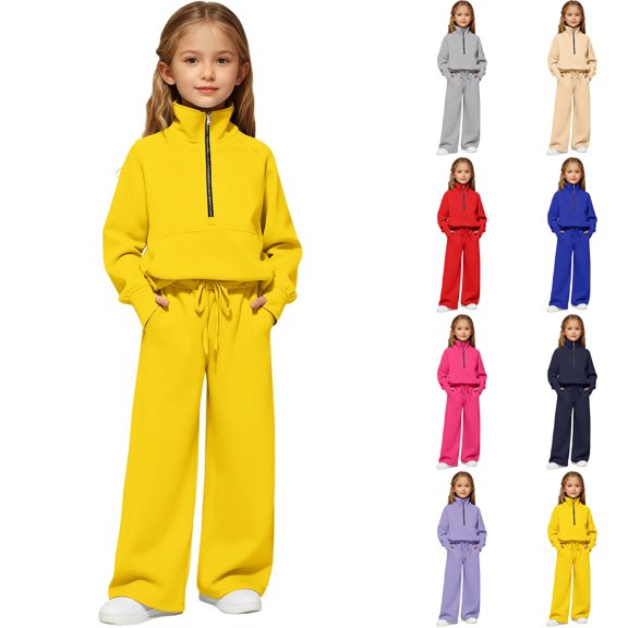 Husipze Two Piece Sweat Set for Girls Stand Collar Half Zip Sweatshirt and Wide Leg Drawstring Elastic Waist Sweatpants Girls Tracksuit Set Yellow 5-6 Years
