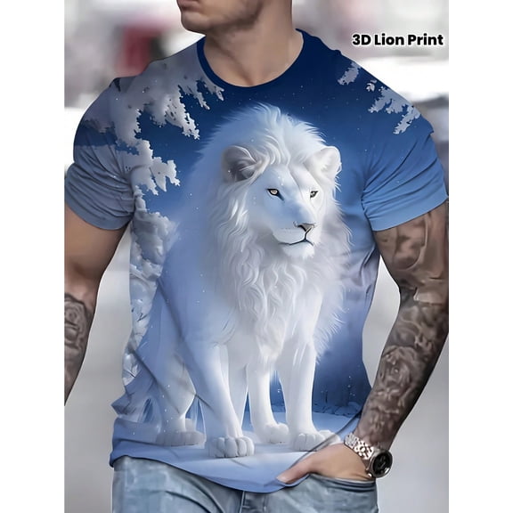 Men'S 3D Lion Print T-Shirt - Casual Short Sleeve Crew Neck, Durable Polyester Fabric, White Lion With Blue Background, Lightweight Summer Tee For Me