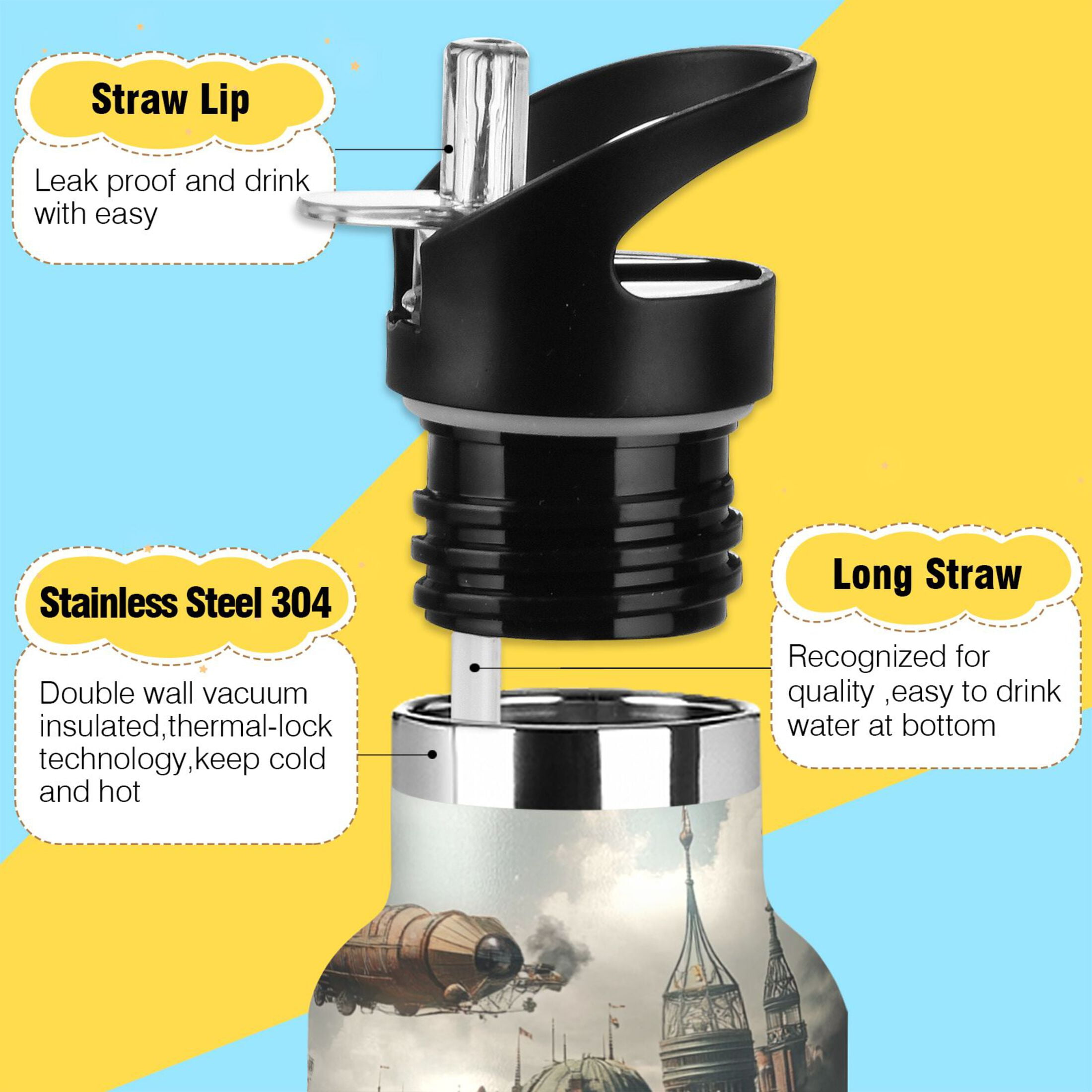 600ML Stainless Steel Insulated Cup Sports Water Bottle Portable Thermos Cup Water Glasses Insulated Tumblers Convenient and Durable Steampunk Airship