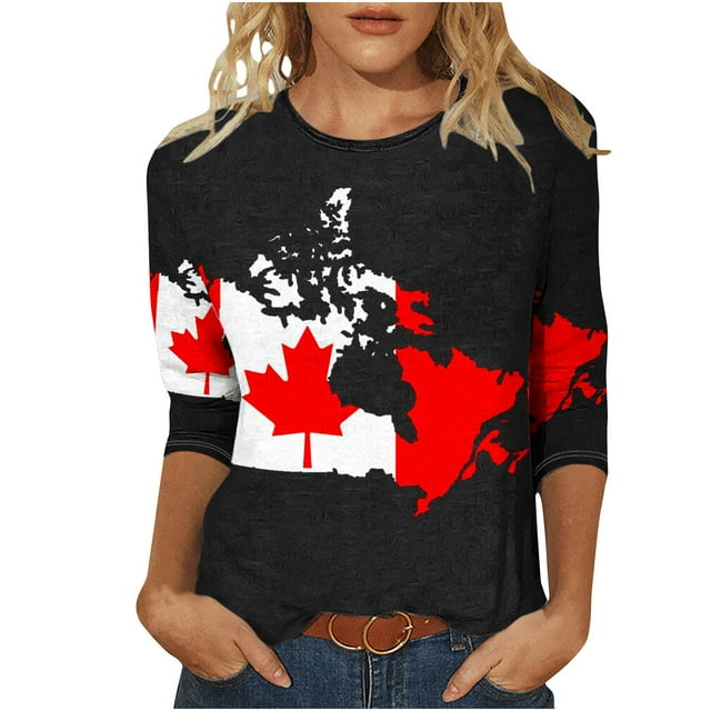 vdgthytj Chemise à Manches 3/4 pour Femmes Imprimé Feuille d'Érable Manches Courtes Basique Été Tee Tops Blouse Décontractée Col Rond