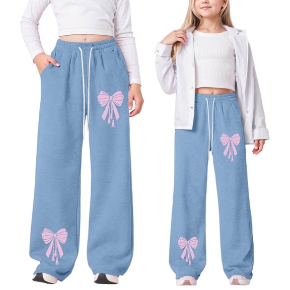 FASHOFT Girls Baggy Sweatpants Trendy Y2k Bow Wide Leg Joggers Elastic Waist Drawstring Comfy Sweat Pants Light Blue