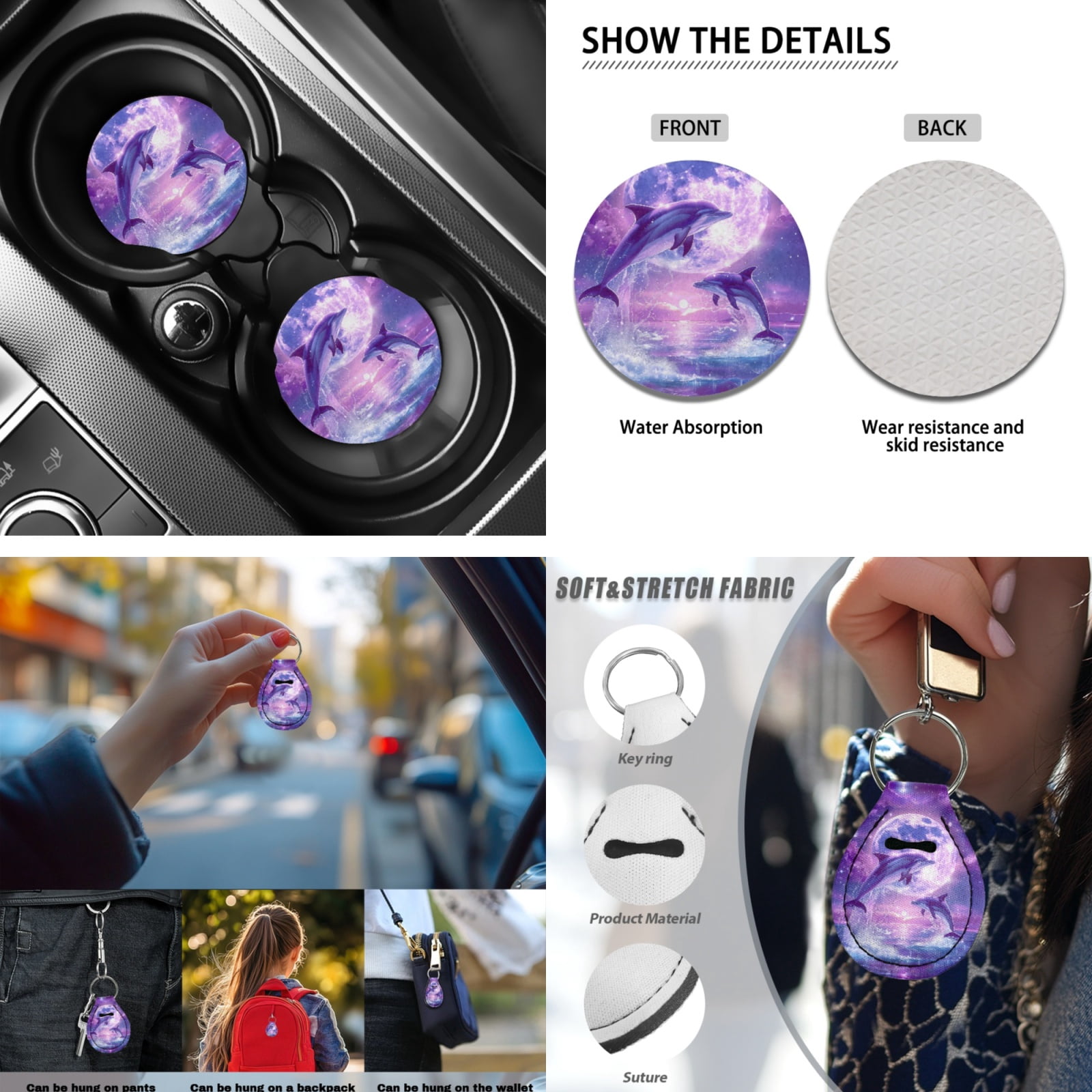 Yuyamidu Cute Dolphin Car Seat Cover Set with Steering Wheel Cover Purple Moon Seat Belt Pad Cup Holder Auto Armrest Cover Keychain Fit for Most Cars SUVs