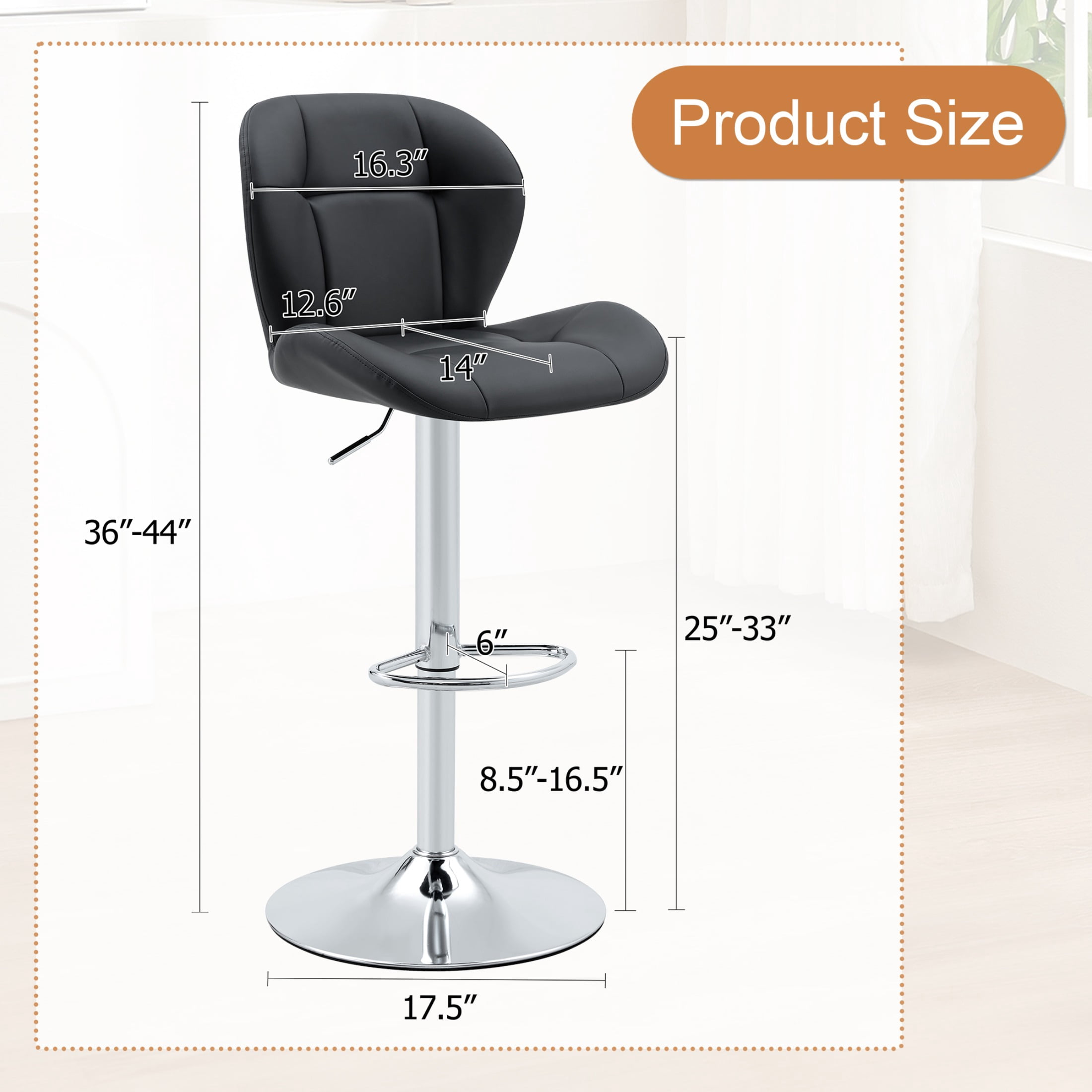 Bar Stools Set of 2, Black PU Leather Upholstered Adjustable Swivel Barstools, Adjustable Height Bar Chairs with Silver Metal Base & Footrest for Kitchen Island, Pub, Bar