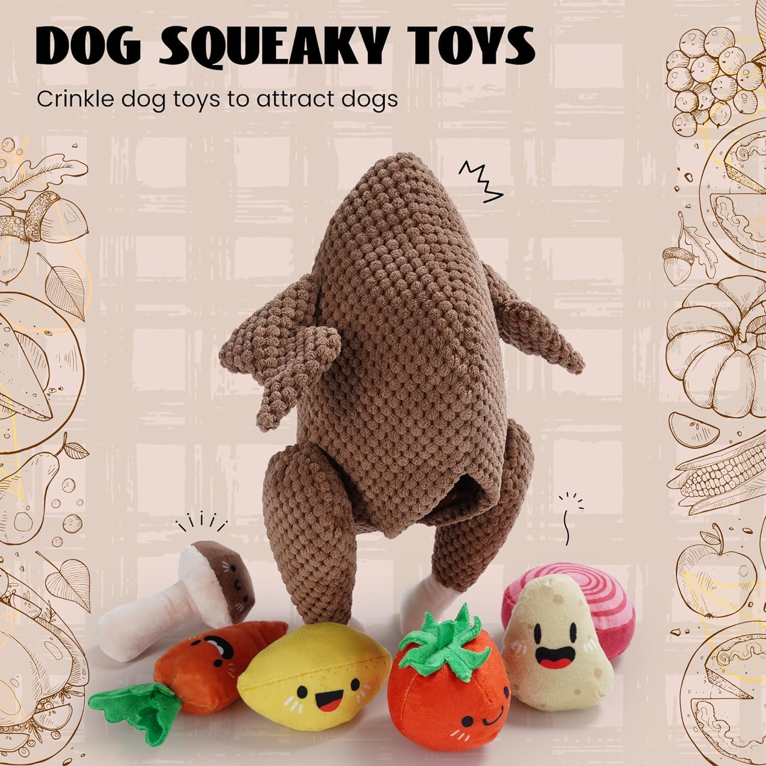 Nocciola 7-in-1 Thanksgiving Turkey Dog Toy,Big Turkey Puzzle Toy with 6 Squeaky Veggie Plush Toy, Interactive Enrichment Dog Toys for All Breeds