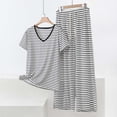thumbnail image 2 of Fsgntruao Plus Size Pajama Set for Women Striped Short Sleeve Tops with Wide-Leg Long Pant Casual Nightwear Sleepwear, 2 of 6