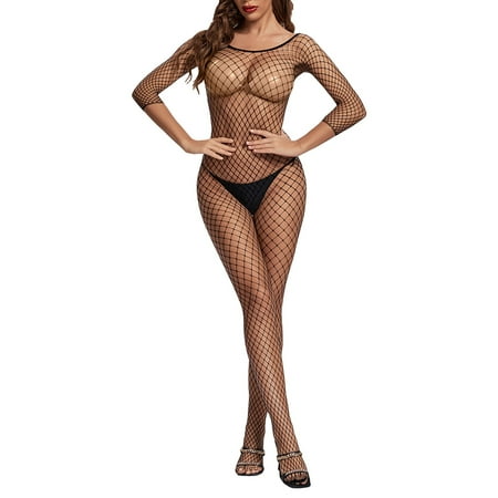Midwennn Womens Fishnet Bodystocking Plus Size Crotchless Bodysuit Sexy Tights Soft Nightwear Lingerie Lingerie Dresses