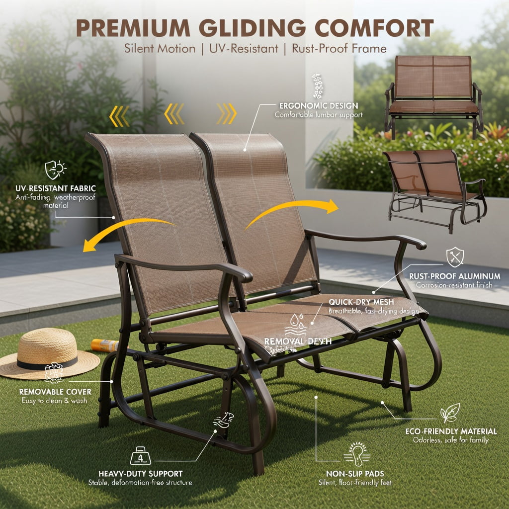 Hommoo 2-Person Steel Patio Glider Bench with High Back Support, Curved Ergonomic Armrests & Smooth Rocking Motion for Porch, Backyard, Garden, Brown