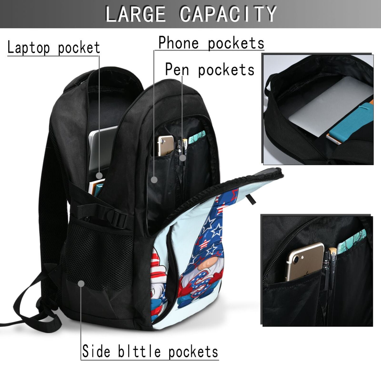 Xecao Cute Gnomes in USA1 for Travel Laptop Backpack, USB-Charging-Enabled, Spacious Business Backpack for Men and Women,College School Computer Bag
